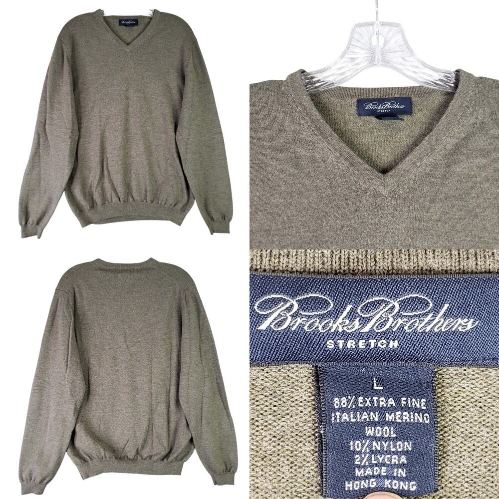 Brooks Brothers Sweater Men’s Size Large Taupe Merino Wool Pullover Knit Stretch